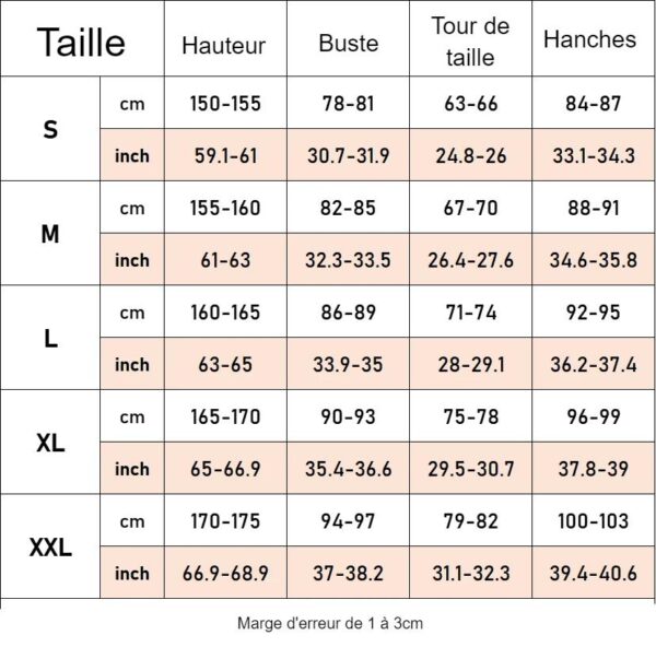 guide des tailles uniforme du cosplay de nami