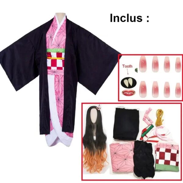 kimono du cosplay nezuko dans demon slayer avec sa perruque